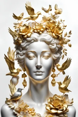 White background, portrait of a Woman with a lively face, statue made of gold, flowers, birds