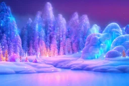  white and gold crystal castle in the right of the image，waterfall, winter snow flakessnow, northern Lights, full of details, smooth, bright sunshine，soft light atmosphere, light effect，vaporwave colorful, concept art, smooth, extremely sharp detail, finely tuned detail, ultra high definition, 8 k, unreal engine 5, ultra sharp focus