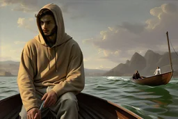 Modern man in a boat wearing hoodie by Andrea del Sarto