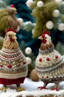 Vintage chickens in knitted fairisle sweater by a decorated Christmas tree with snow