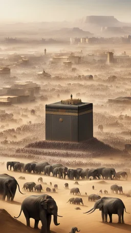 A picture of the Kaaba in the desert, surrounded by small old houses, and a large army of elephants and horsemen besieging it.