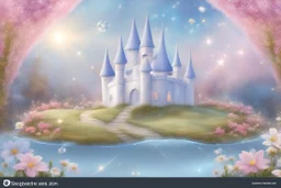 fairy and cosmic landscape with blue grass, magic plants, sky with light and stars. fairy white castle with diamond