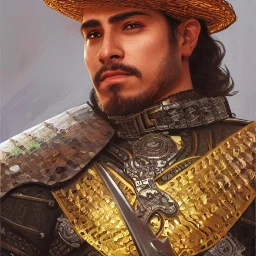 portrait,"Insanely detailed photograph of an armored mariachi warrior with sword", intricate chainmail charo,large Sombrero,elegant, detailed D20 flair, digital painting, artstation, concept art, smooth, sharp focus, illustration, art by artgerm and greg rutkowski and alphonse mucha, 8 k