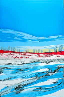 A sky blue tundra with very cold snow painted by Andy Warhol