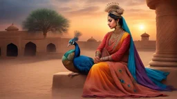 Hyper Realistic Traditional Rajasthani Art featuring a Young (side view and cover face) of a Rajasthani woman wearing traditional rajasthani sari sitting with a beautiful peacock, in a traditionally crafted rajasthani fort at cloudy sunset behind them showing dramatic and cinematic ambiance.