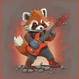 rock star red panda playing electric guitar, cartoon style, full body, plain background color.