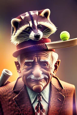 old man in 1928 poster advertising racoon tennis, raccons flying in air between tennis rackets while humans::4 use them as a tennis ball