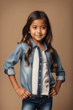 Little 8 years old girl wearing a pretty shirt and jean pant, standing pose