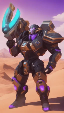 A close picture to Ramattra nemesis form egypt rob in overwatch art style with black color and neon purple details in the desert