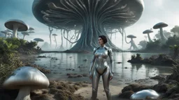 Wide-angle shot of a woman, standing on the right side of an alien beach, with dark hair in a silver robotic catsuit, lots of large floating mushrooms with long tentacles, alien jungle trees in the distance