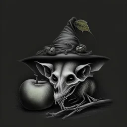 Realistic drawing of a Rat Skull with a Witch hat, Skull has ghost eyes and is eating from a poison apple.