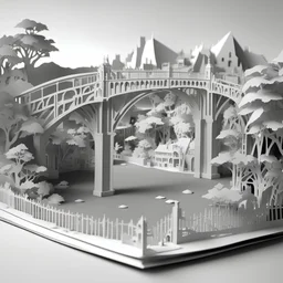 Derwent Bridge in Tasmania view in ornate Papercraft, fairytale, children popup book, soft shadows, ambient occlusion, monochromatic