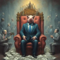 rich pig in suit on a throne making stacks of money by making a deal with a buisnessman. background of musicians. Payday payday. beksinski style. politicians