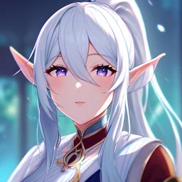 Clear focus, 8k, beautiful lighting, vibrant colors, Elf, White hair, ponytail, hair in between the eyes, up close,