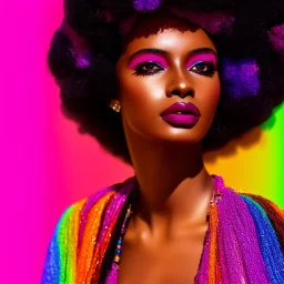 masterpiece, best quality, woman, dark skinned, sparkling eyes, fluorescent skin, colorful makeup, afro, head shot, highly detailed body, sun light, 4K, RAW, depth of field, high contrast, realistic details, 24mm