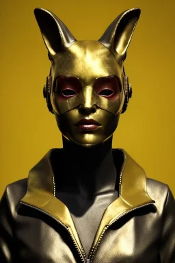 Medium Close Up Portrait, Front image. cyberpunk, rabbit mask, sweet woman, gold hair. Leather, feather suit army. Yellow, red, color. Carnival style. Color background, photo studio. Avatar image, highly detailed, concept art, smooth, unreal engine 5, ray tracing, RTX, lumen lighting, ultra detail, volumetric lighting, 3d, finely drawn, high definition, high resolution.