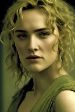 close up a young artist (Kate Winslet) looking at the camera, pistachio hair, dress style dress like in the film The Hunger Games, designer Trish Summerville, highly detailed facial features, grainy, rough textures, foreboding, dramatic otherworldly and ethereal lighting