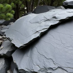 Un'immagine di un paesaggio naturale simile a una pineta mediterranea, con lastre di roccia nera appoggiate le une sulle altre. Colori tenui, grigio-marrone. Contrasto tra il naturale e l'artificiale. Pannello di metallo riflettente. Venature e solchi. La scena trasmette un senso di dialogo tra elementi organici. Dettagli delle rocce molto accentuati. Alberi