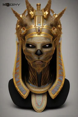 black male African Egyptian alien, cracks in the voodoo head, wicked, eyes, crown, blood, 8k, finely detailed, photo realistic, tiger turquoise skull head gold dragon space alien snow skeleton gold teeth silver crown silver space face mask