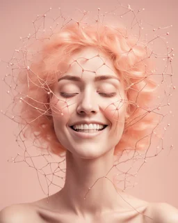 a woman smiling face, close eyes, pastel peach colors, neuron molecule hair thread imitation