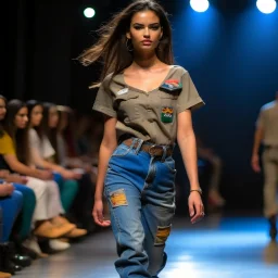 latin model catwalk wearing cargo jeans with patch embroidered