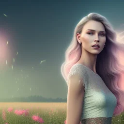 country side A full body portrait very beautiful woman ,smiling, longs hairs,elegant, atmospheric, realistic, cinematic lighting, pink blue light, 8k, galactic atmosphere, flowers