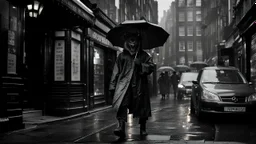 Werewolf with a Chinese menu in his hand, walking through the streets of Soho in the rain. Photograph.