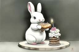 Cute white bunny is having a birthday cake with hand grenades. Highly detailed, smooth colours, realistic landscape. Aquarell