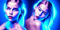 Scarlett Leithold with dark glasses covered with blue liquid thicks neon backlit 4k