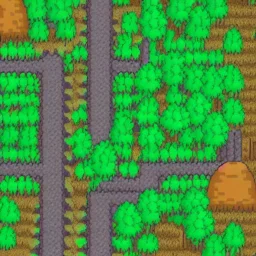 dirt road in the middle of a forest and round same size trees pokemon gameboy game style