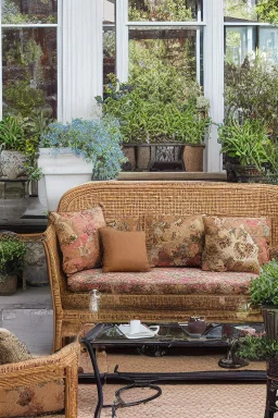 Night, twilight, a light brown wicker sofa with floral cushions, a glass-topped table in front of it, coffee steaming in a porcelain cup, and a down-turned open book next to it. Above the settee, flower bushes in planters, all on the terrace of a luxury house S<AI Nikon D850 highly detailed digital painting sharp focus elegant intricate photorealistic 4k very attractive beautiful dynamic lighting award winning fantastic view crisp quality Unreal Engine very cute cinematic postprocessing acrylic