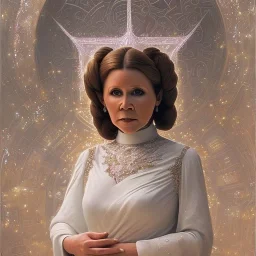 hyperspace background, complete and photo realistic detailed head to waist stunning photo realistic portrait of carrie fisher as Princess Leia in star wars with photo realistic updo hair by Mandy Jurgens and mucha and Richard Schmid and chuck close and chie yoshii, extraordinary and detailed ceremony dress of star wars,brown eyes