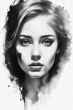 A realistic drawing in negative space black ink on white background of a beautiful girl with clear white face
