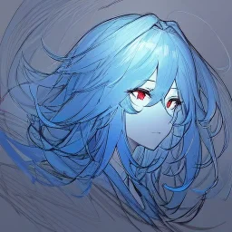 Clear focus, High resolution, rough line sketch art, blue hair, fluffy hair, between eyes, red eyes, no light in eyes