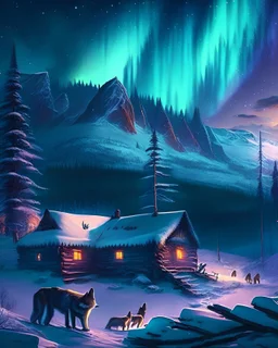 A snowy mountain landscape with an aurora borealis overhead, a pack of majestic wolves, and a cozy log cabin in the distance.