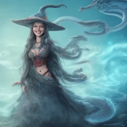 A smiling witch with a beautiful face and full and detailed details performing magic of water, fire, wind and earth with a wooden and crystal wand shining in various colors with a background of large and beautiful dragons flying in an azure sky with A background of a large snake with many heads, in full detail