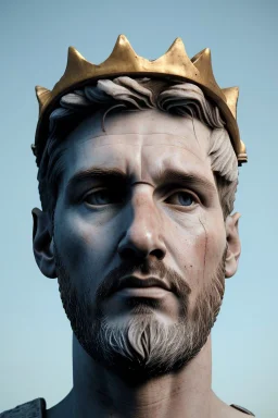 Ultra Realistic image, Roman sculpture, white marble material, Lionel Messi, gold crown of natural thorns, god crown, Renaissance style, sun rays background, waist up portrait, epic, celestial, cinematic lighting, God lights, 4k resolution, smooth details, soft lighting, unreal engine 5, art station, substance 3d.