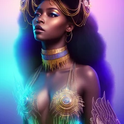 full body shot, masterpiece, best quality, black skinned, sparkling eyes, long hair, gorgeous African Fairy queen,wings,fluorescent skin,light blue makeup,synthwave, light indigo, trasparent , irridescent, highly detailed body, sun light, 4K, RAW, depth of field, high contrast, realistic details, 24mm vaporwave aesthetic, synthwave, artstation, concept art, smooth, extremely sharp detail, finely tuned detail, ultra high definition, 8 k, unreal engine 5, ultra sharp focus