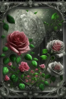 beautiful landscape elegant blooming pink roses and daisies, lots of greenery, sequins, dew filigree, smoke fractal, spiral space outside the window, hyperrealism, glitter, glare, hyperdetalization. vintage, inlaid outline in black pencil, aesthetically pleasing, beautiful, realistic, high resolution, high detail