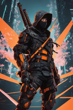 Ninja machine in solo leveling artstyle, black custom, cyberpunk them, neon orange details, Sakura background, full body, apocalypse, intricate details, highly detailed, high details, detailed portrait, masterpiece,ultra detailed,best quality