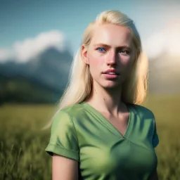 ultrarealistic, beautiful young blond Swiss girl standing in green field, mountain, sun, wearing blue shirt over, sharp focus, open arms, realistic eyes, blue eyes, unreal engine, photograph, realistic skin texture, photorealistic, hyper realism, highly detailed, 85mm portrait photography