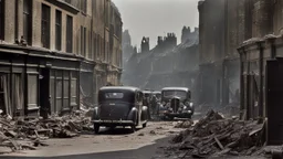 1940s London street with bomb damage, injured people, vehicles, ambulances, fire engines, wartime, full colour