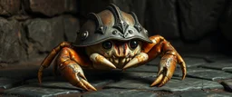 Small crab wearing a dented medieval helmet as a shell, dungeon floor, detailed fantasy realism, humorous creature design, high detail textures