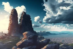 Distant City, rocks foreground, clouds