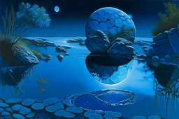 blue exoplanetin the sky, water reflection, rocks, vegetation, otto pippel painting