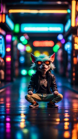 camera angle from feet, portrait of slick lord water wolf Gremlin myth buster pimp ninja yoga cyber punk in flying hipster lawn Harley Davidson parked in dark neon lit reflective wet arcade hall tunnel,bokeh like f/0.8, tilt-shift lens 8k, high detail, smooth render, down-light, unreal engine, prize winning