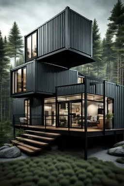Medium-sized modern house made from shipping containers, in the woods, photorealistic