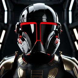 star wars bald male corellian pilot wearing pearlescent black and gunmetal grey First Order special forces heavy assault stealth commando armor and helmet with gold and red trim inside the jedi temple, hyperdetailed, dynamic lighting, hyperdetailed background, 8k resolution, volumetric lighting, light skin, fully symmetric details