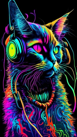 colorful cat with headphones on, graffiti art by Louis Wain, shutterstock contest winner, psychedelic art, black background, synthwave, colorfu