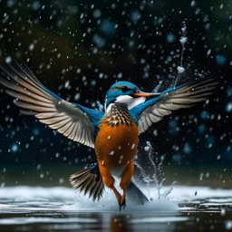 Kingfisher flying on a pond, water splashing around and sky blue theme and heavy rain and cooler temperature